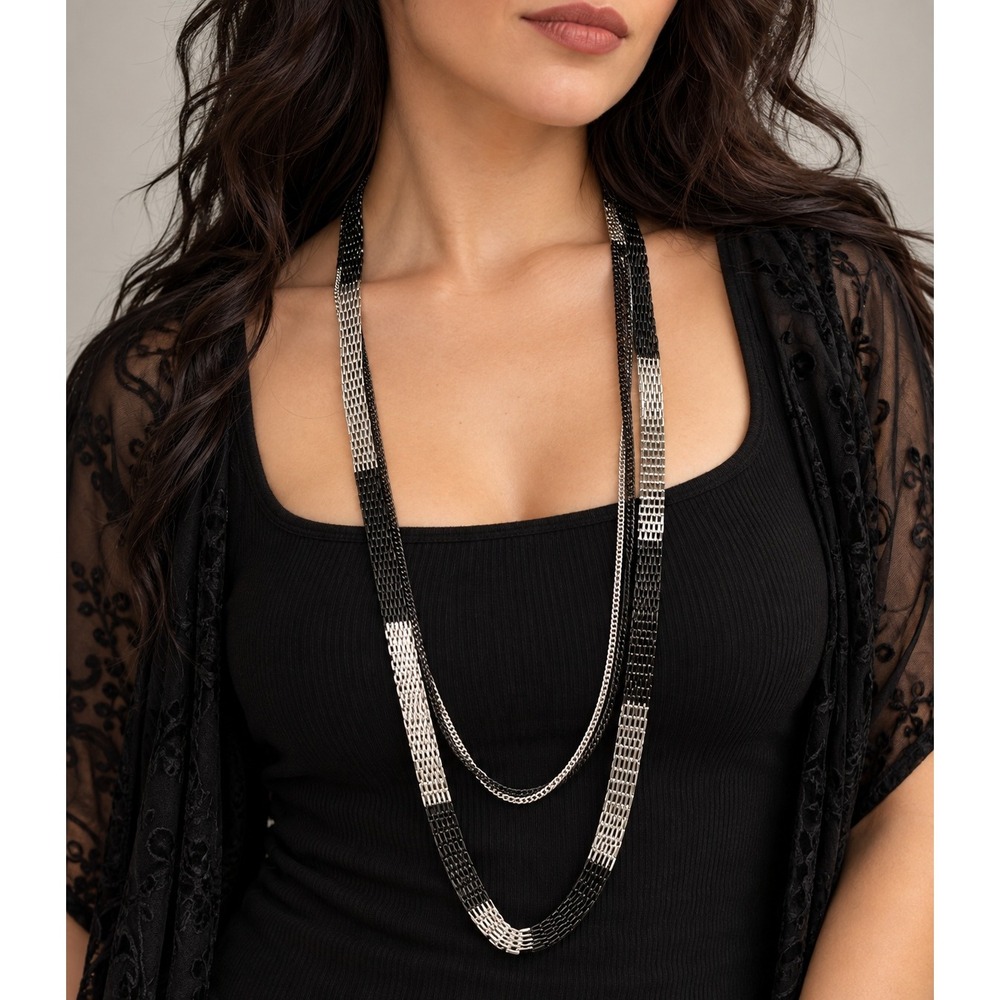 Industrial Goth Black Silver Mesh Chain Layered Necklace Edgy